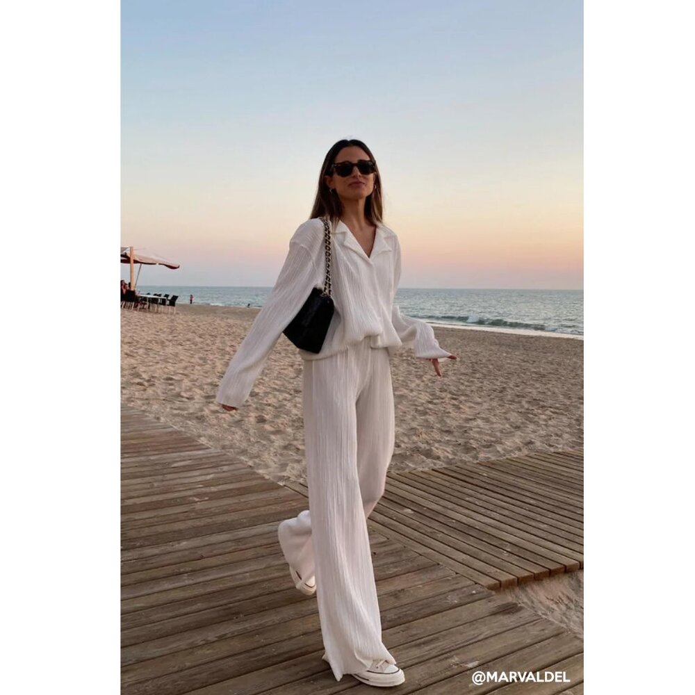 Storets, Maria Oversized Plisse Shirt and Maria Flared Leg Pants, S/M Ivory